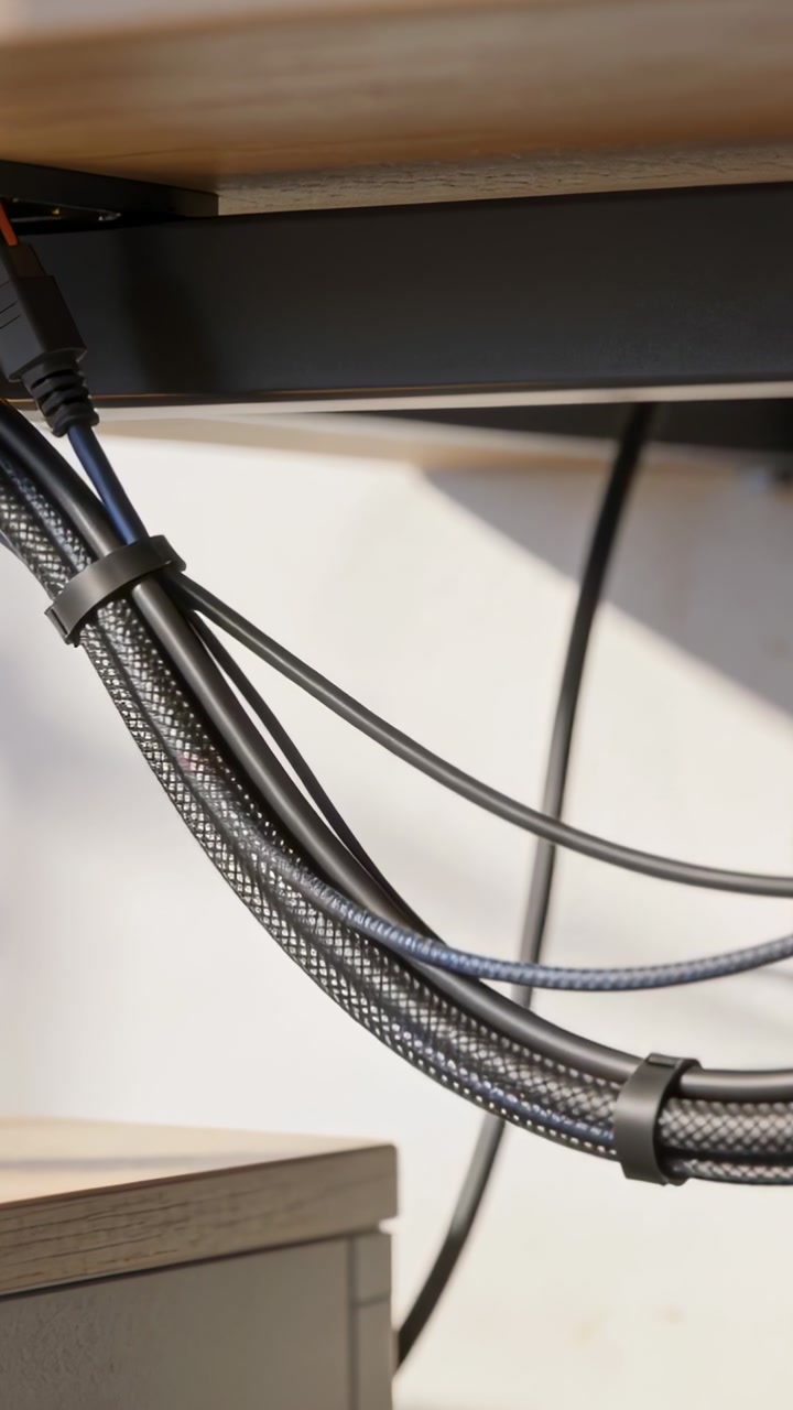 Vertical video: Camera capturing braided loom and cables under desk for routing, with clamps, plug