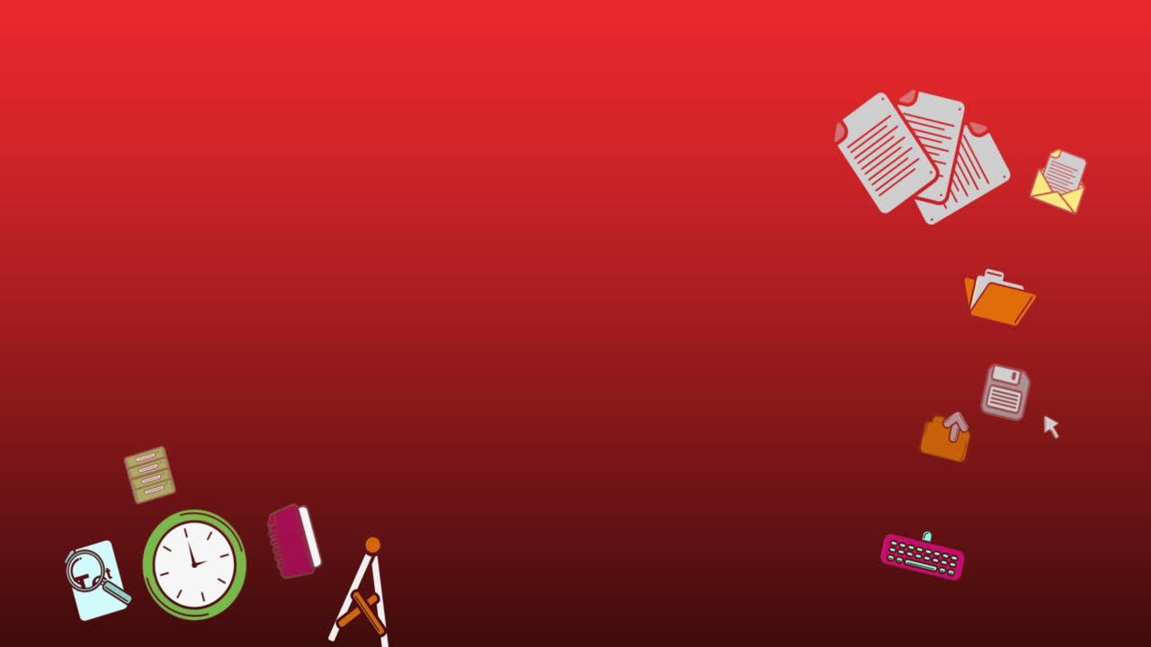 animación de múltiples iconos de concepto escolar contra el espacio de copia en fondo de gradiente rojo.