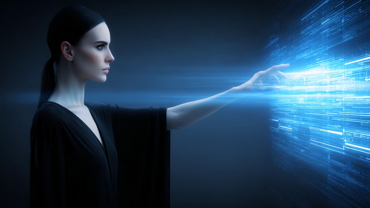 A futuristic figure in a black robe reaches out, her fingers almost touching a glowing digital interface, showcasing the blend of technology and human interaction, capturing an ethereal moment of connection