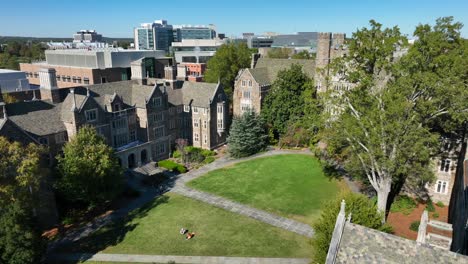 Stone-dorms-at-Duke-University,-Aerial-shot