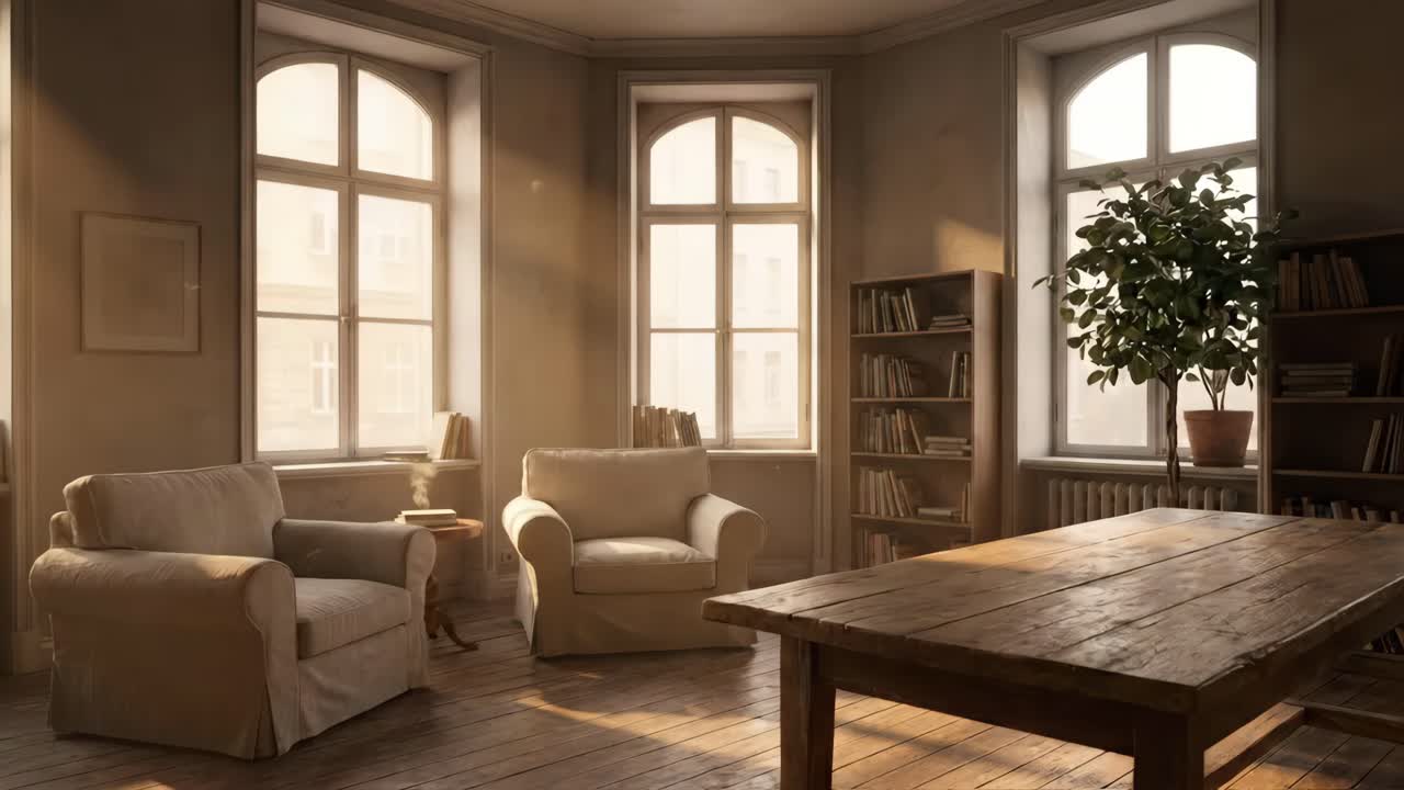 Stanza accogliente e soleggiata con poltrone, librerie e tavolo in legno.