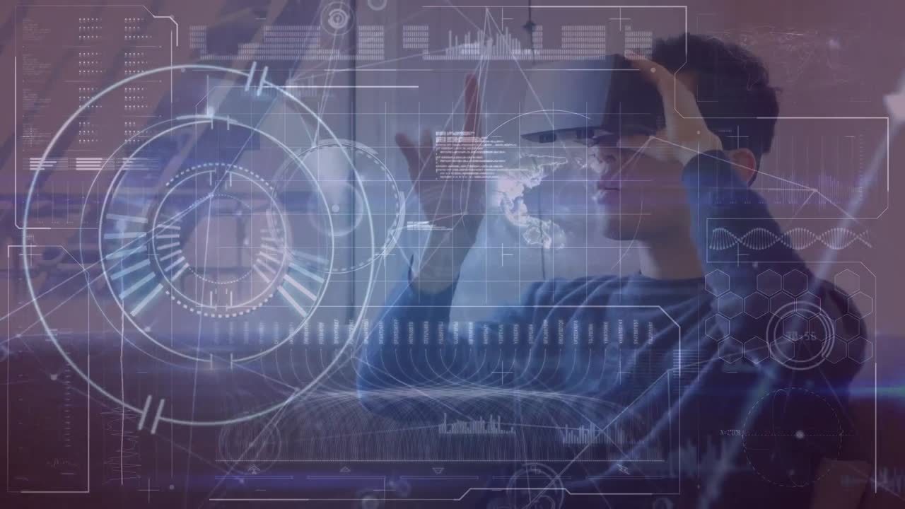 Animation of digital screen with data over caucasian man using vr headset
