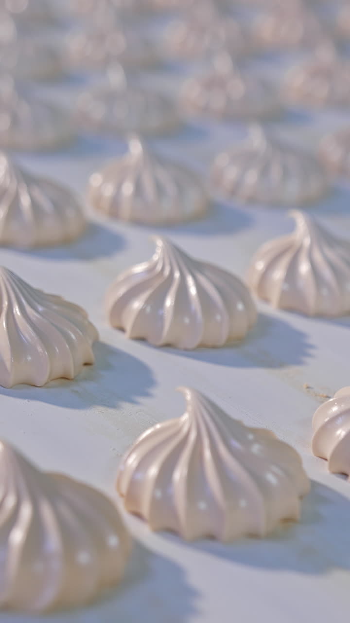 Industrial production of sweets . Marshmallow moving slowly along the conveyor. Desserts factory making. Vertical video