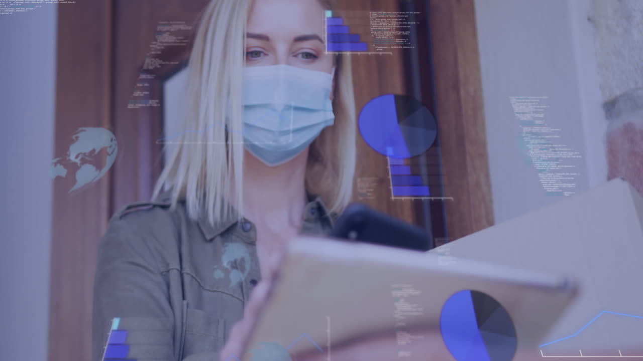 Animation of data processing over caucasian woman with face mask taking package
