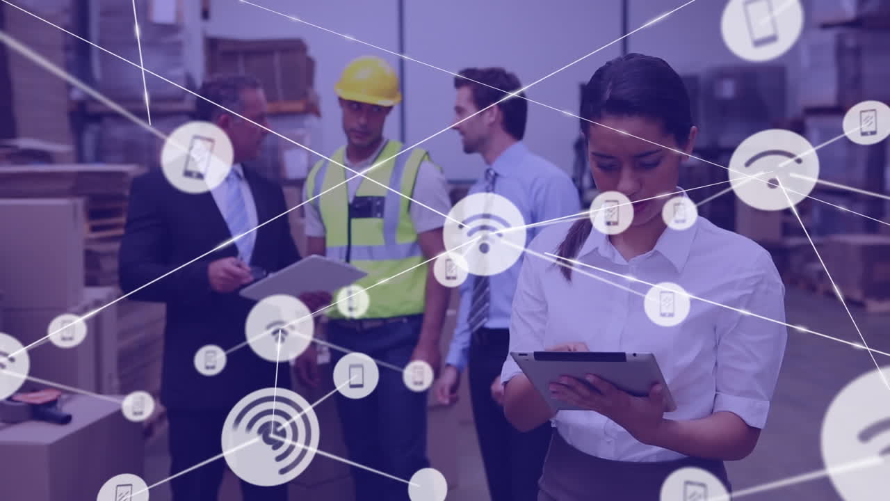 animación de la red de conexiones entre diversas personas que trabajan en el almacén