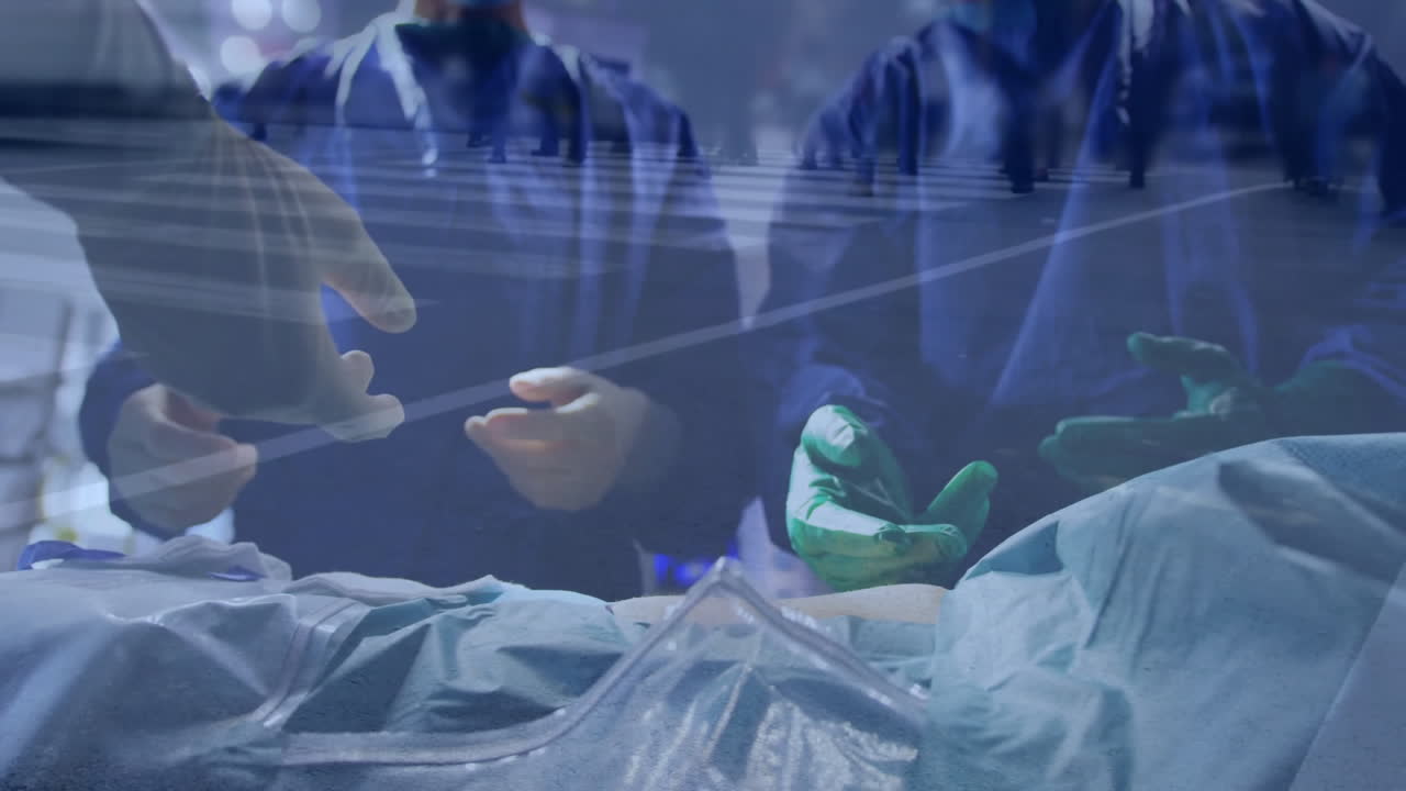 Medical procedure animation over surgeons operating in hospital setting