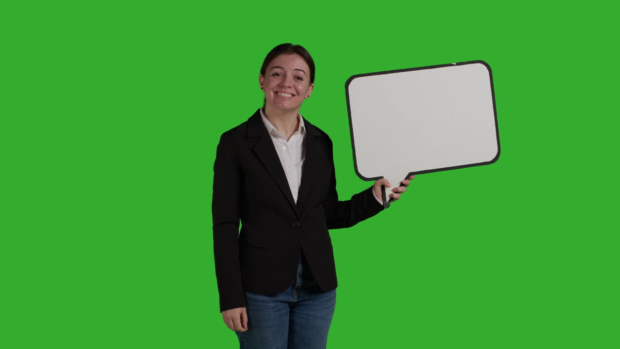 Businesswoman with speech bubble on green screen