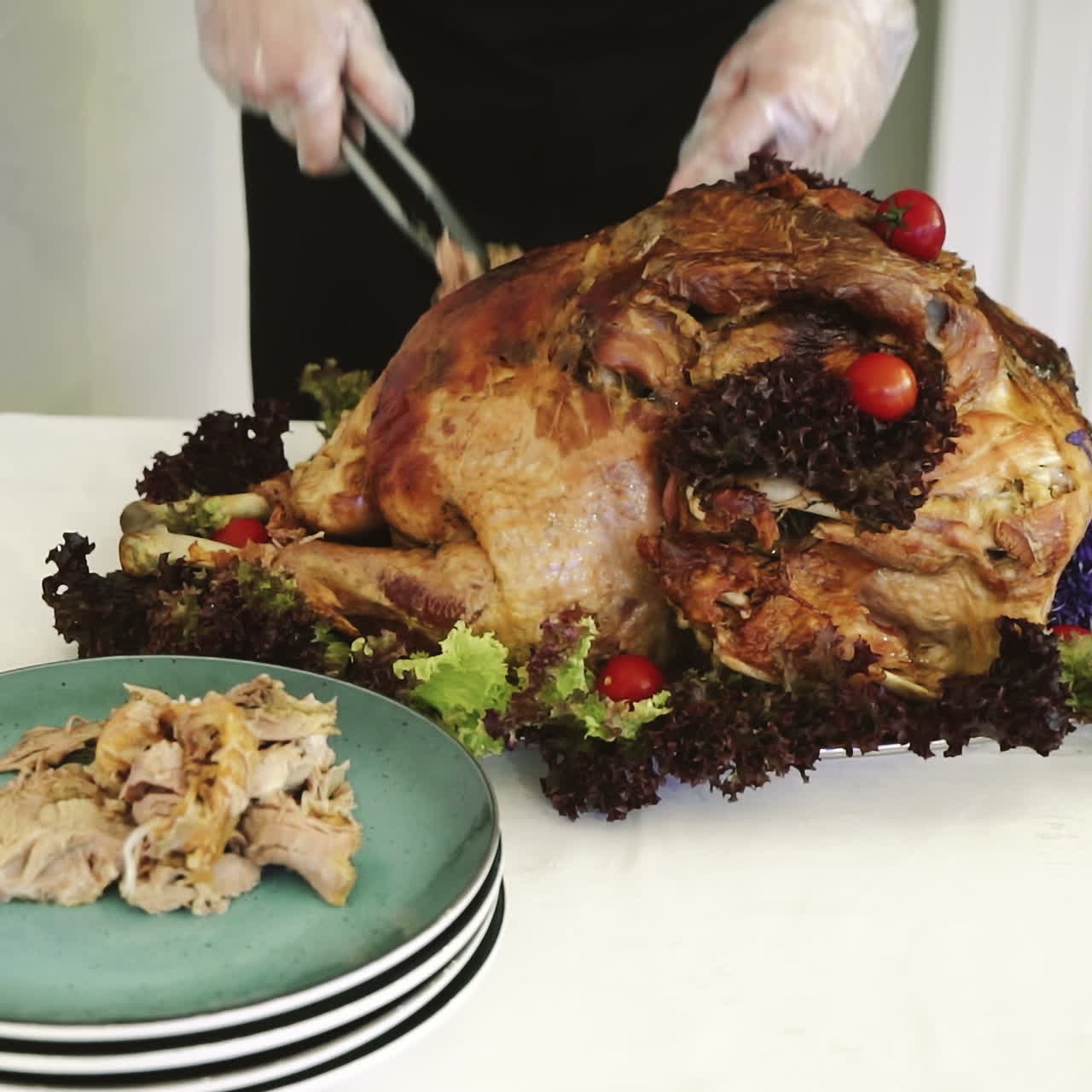 Thanksgiving or Christmas turkey dinner. Hands of a man carving a roast turkey Sqare video