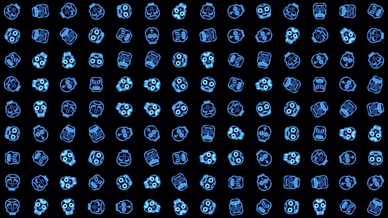 human skull icon animation loop. Seamless pattern background. small human skull icons rotate slowly on black backdrop