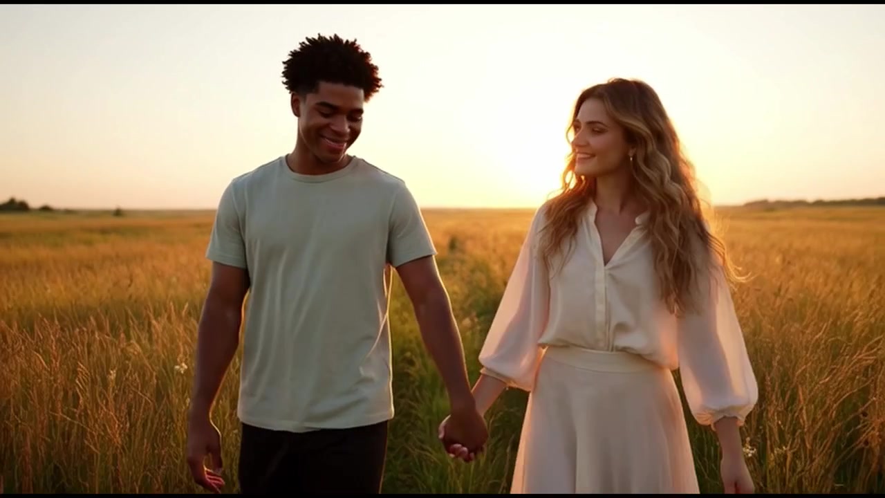 Young Couple Walking Hand in Hand Through a Golden Field at Sunset