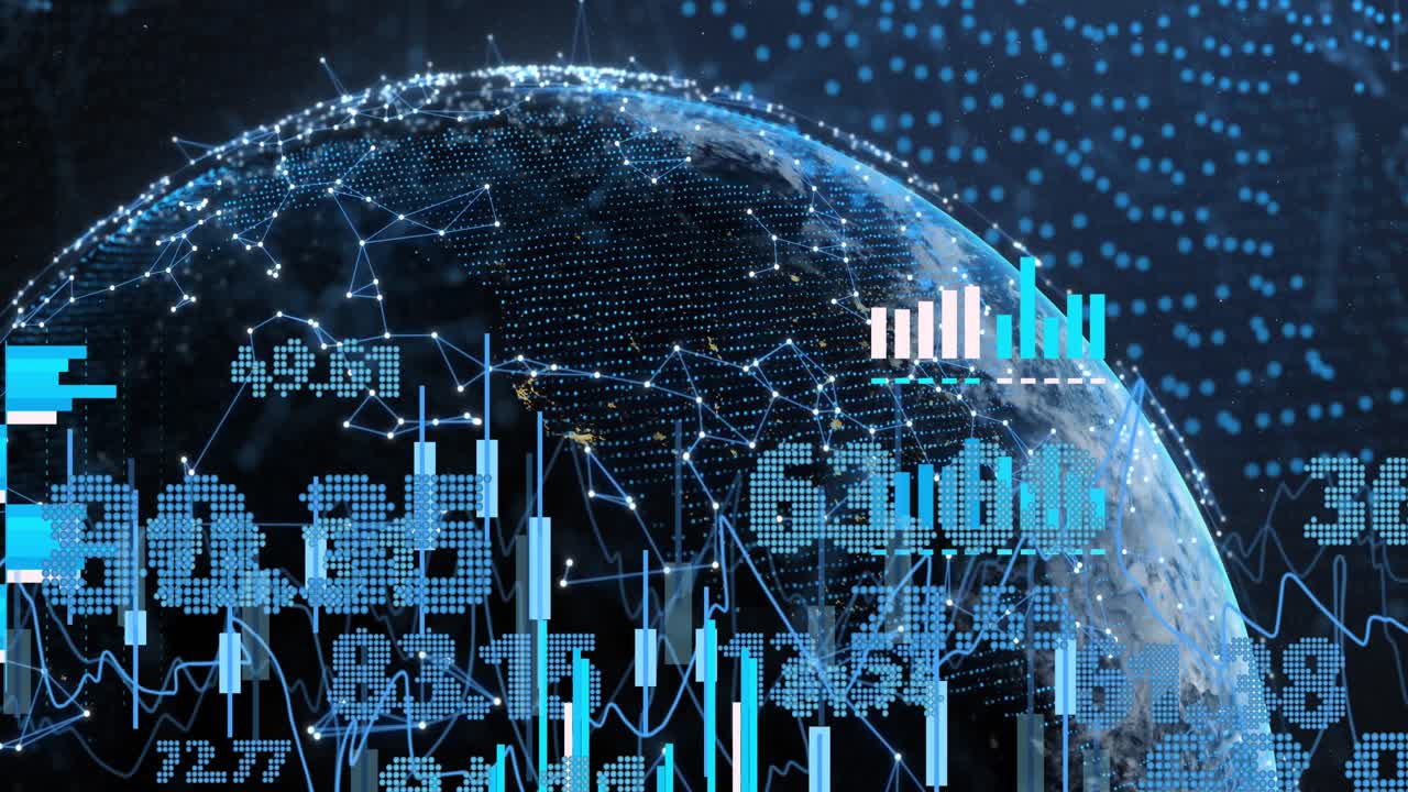Animation of financial data processing over globe with connections