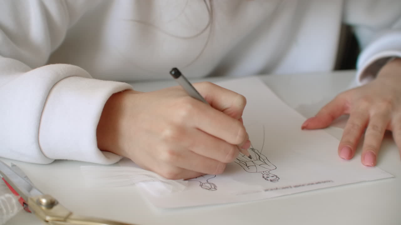 옷의 디자이너는 옷의 윤을 필트  펜으로 만니다.