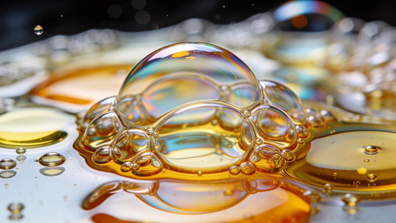 Un amas de bulles se déplace et se déforme sur une surface miroir après la chute d'une gouttelette, montrant des bandes irisées.