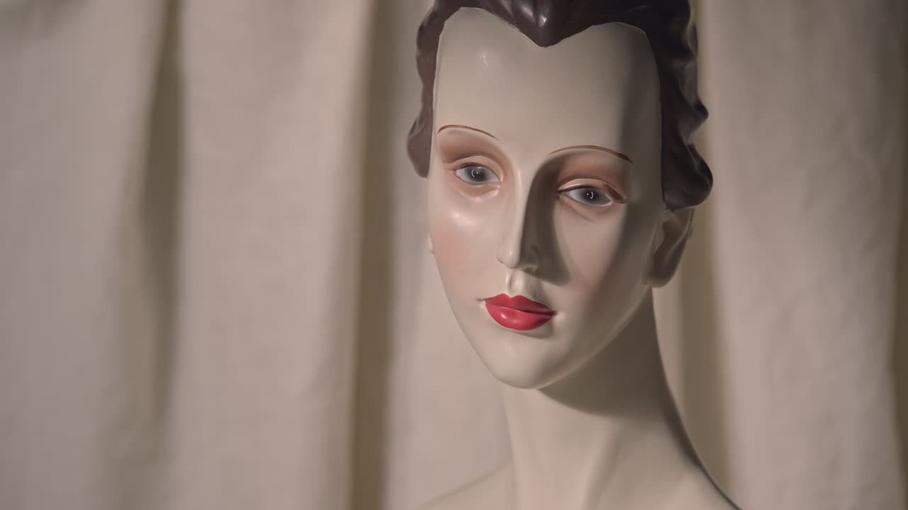 Kamera dolly-zoom ind på mannequin-udstillingsdukker i et retro vintage butiksvindue i 1950'er-stil