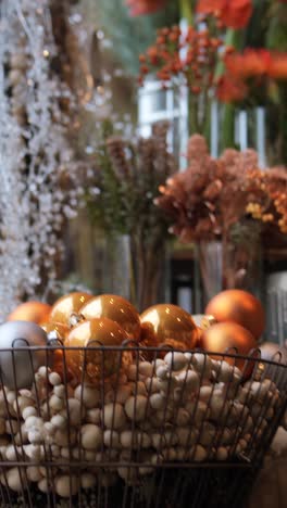 christmas decorations in baskets