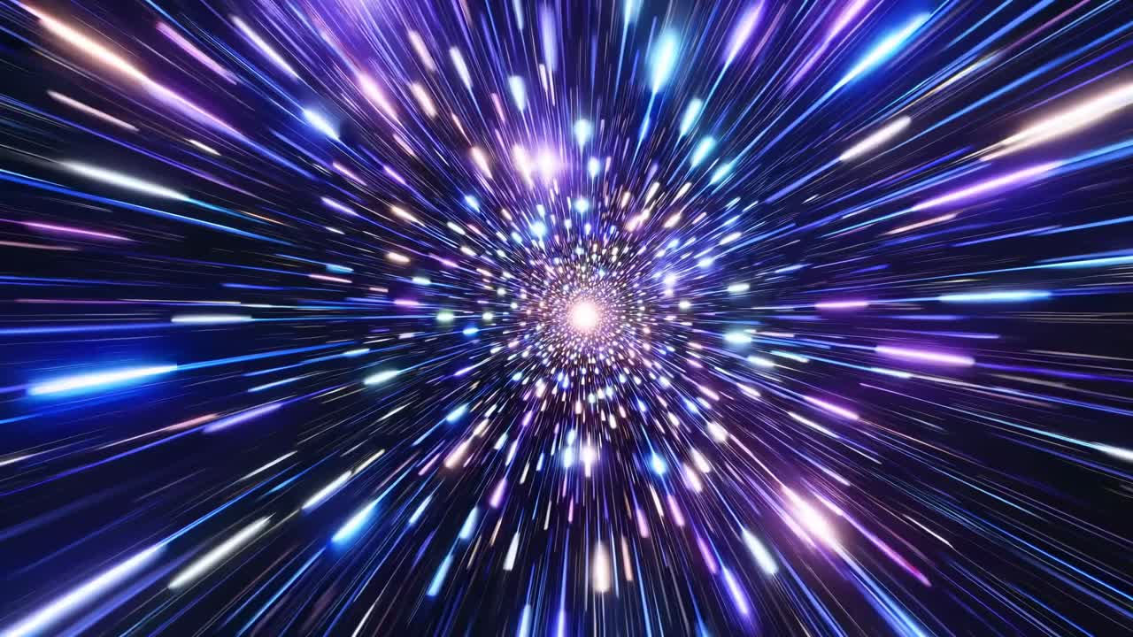 Concept video dinamico di un effetto di velocità di curvatura cosmica. Lo stile è vibrante e futuristico