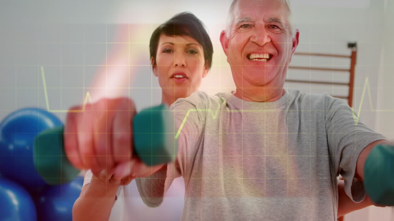 Senior man doing arm raises for arm rehab, green weights appearing as woman guiding, ECG overlaying