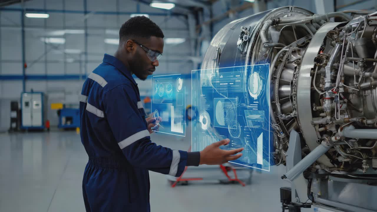 Engineer Inspecting Jet Engine with Augmented Reality