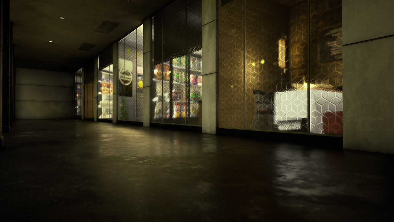 Urban corridor showcasing illuminated storefronts at night