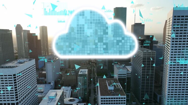 Cloud data storage infrastructure animation on modern American skyline during golden hour. Visual effects on aerial drone shot.