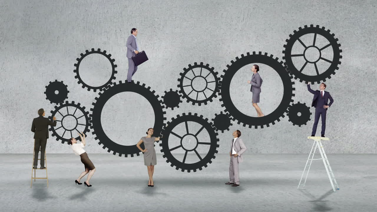 gente de negocios corriendo y girando engranajes