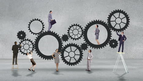 Business people running and turning cogs
