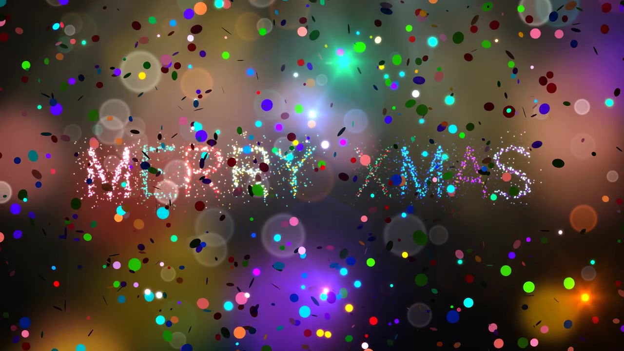 Glädjefylld animerad hälsning med glittrande texten 'Merry Xmas', med livfull konfetti som faller kontinuerligt mitt i gnistrande bokeh