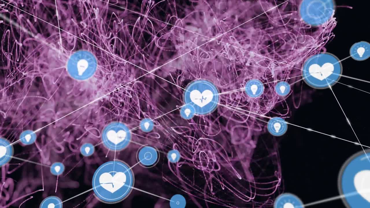 animación de la red de conexiones sobre energía púrpura sobre fondo negro