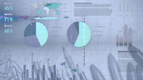 Animation-Der-Digitalen-Infografik-Schnittstelle-über-Bleistifte,-Buntstifte-Und-Stecknadeln-Auf-Weißem-Papier