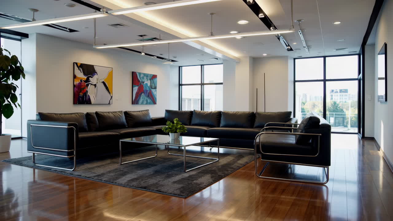 Modern Office Lounge Area with Black Leather Sofas and Abstract Art