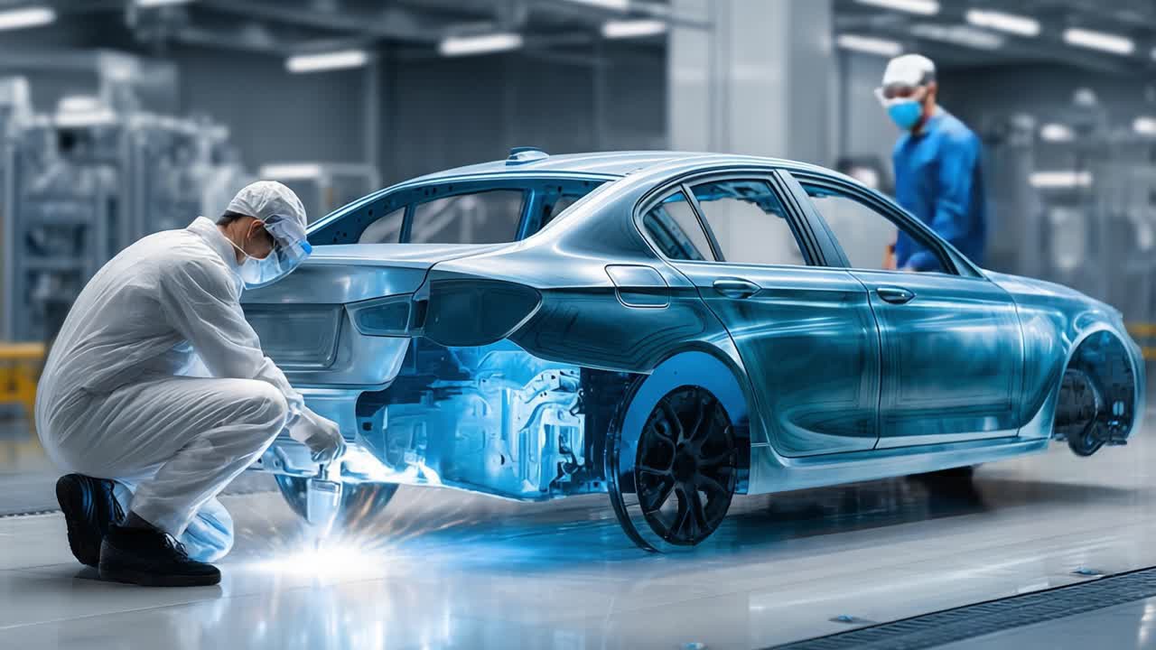 A Skilled Technician Performs Precision Welding on a Modern Car Frame in a High-Tech Manufacturing Facility, Showcasing Advanced Automotive Assembly Techniques and Technology