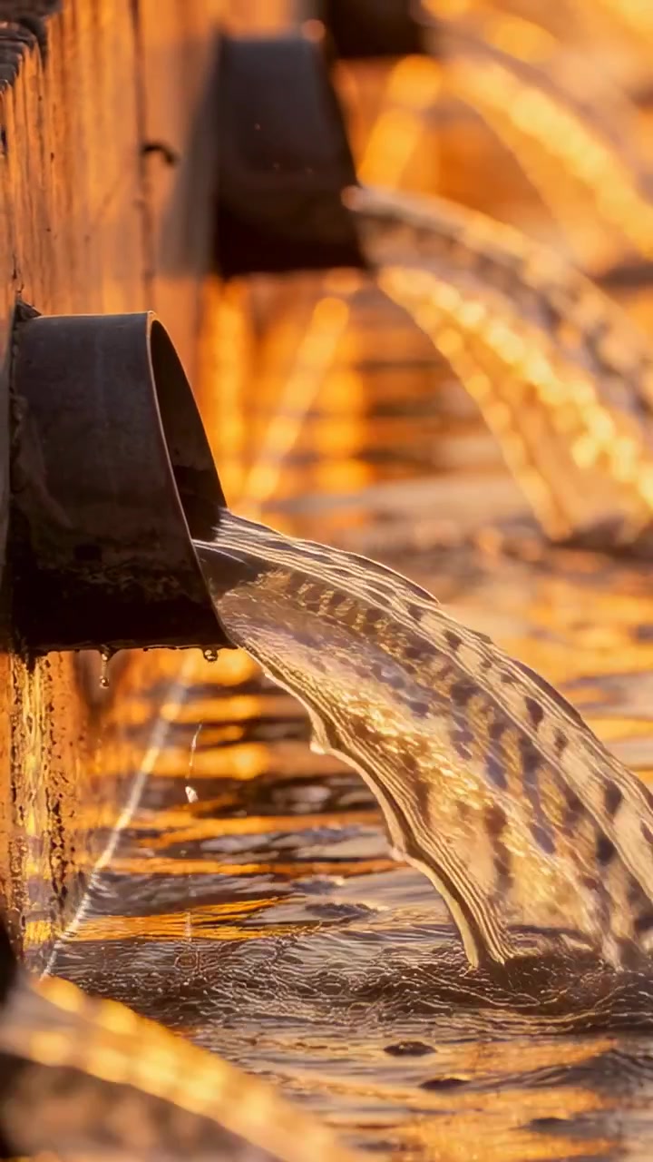 Video verticale: Beccuccio che versa formando gocce sulla parete di una fontana, pompa che alimenta il flusso, luccichio dorato