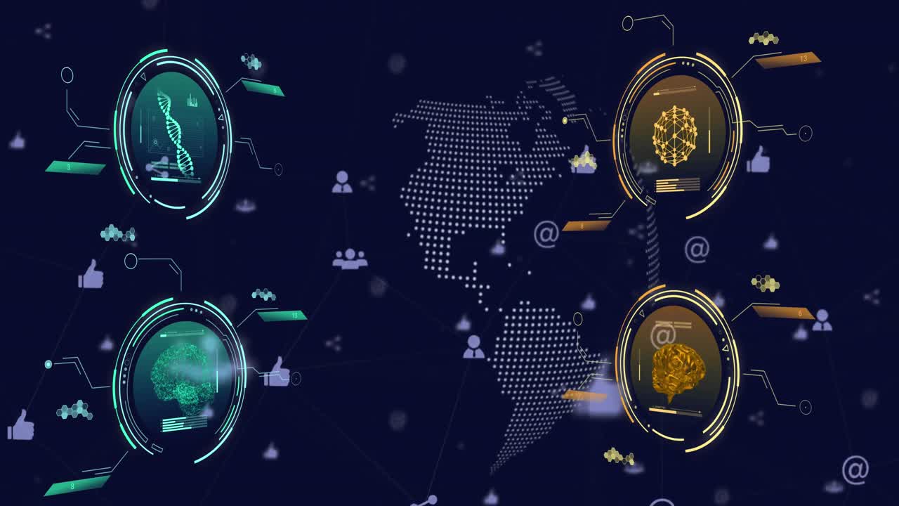 animación del procesamiento de datos con iconos en todo el mundo