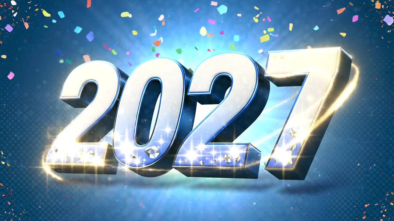 Celebrazione animata di Capodanno 2027 con coriandoli e luce brillante