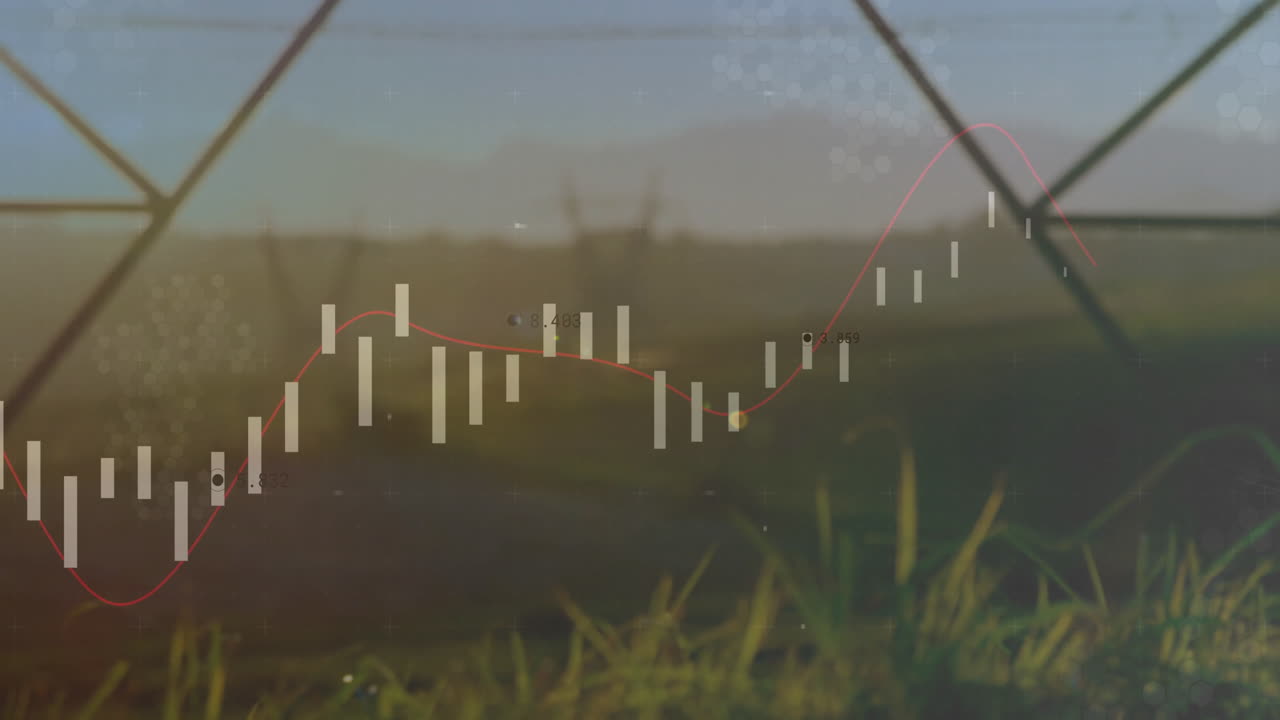 Stock market graph animation over landscape with grass and distant mountains