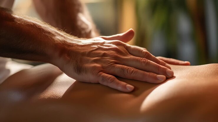 Close-up video still of a massage, focusing on hands gently pressing a back
