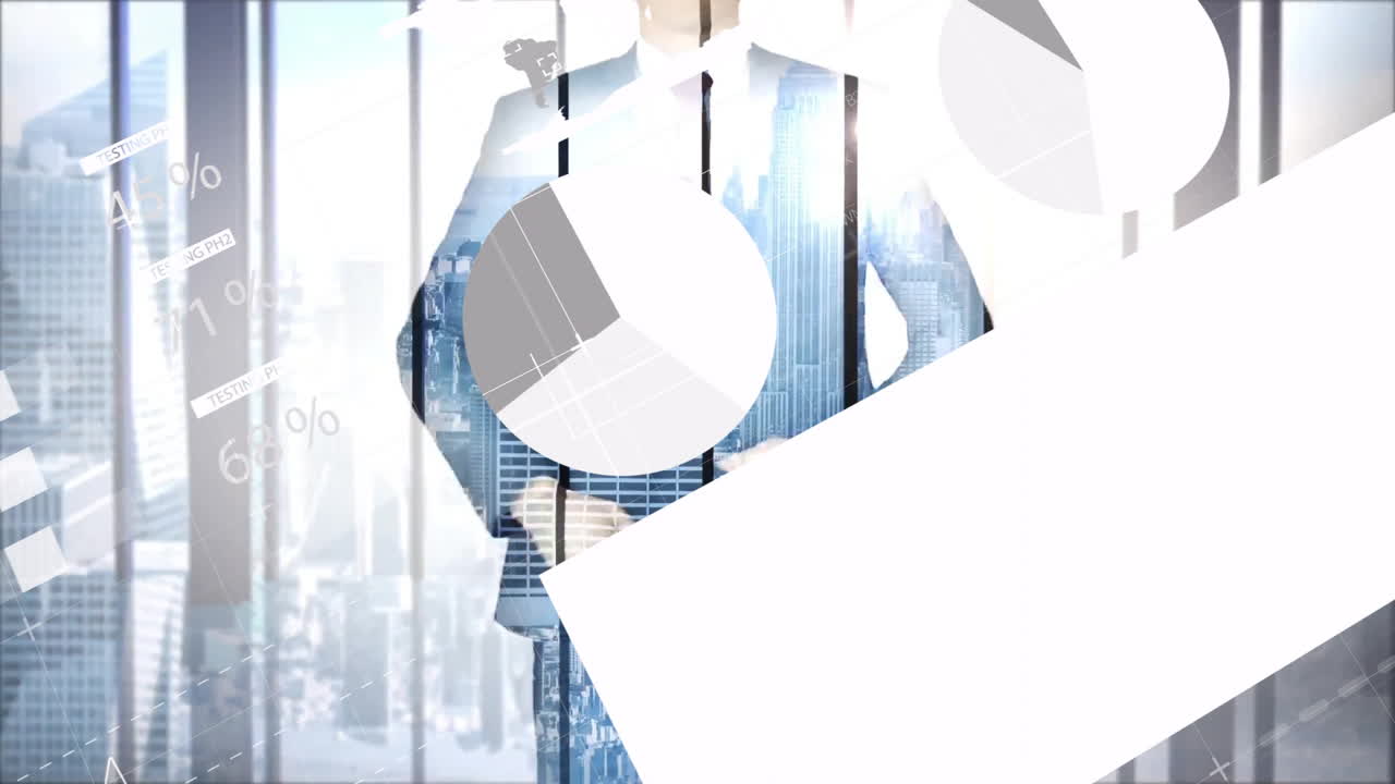 Animation of geometric shapes overlaying skyscrapers and world map in cityscape