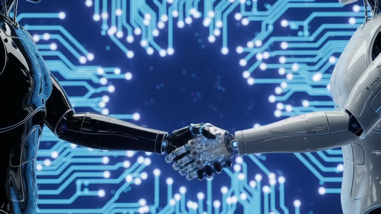 A Pioneering Moment in AI Collaboration: Two Robotic Figures Engaged in a Handshake Against a Futuristic Circuit Board Background Symbolizing Unity in Technology