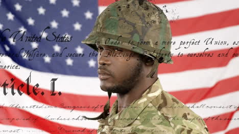 animation of text of constitution over african american male soldier with usa flag