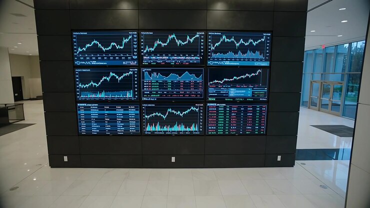 Moving camera approaching 3x3 digital display in office lobby, charts updating to show market data