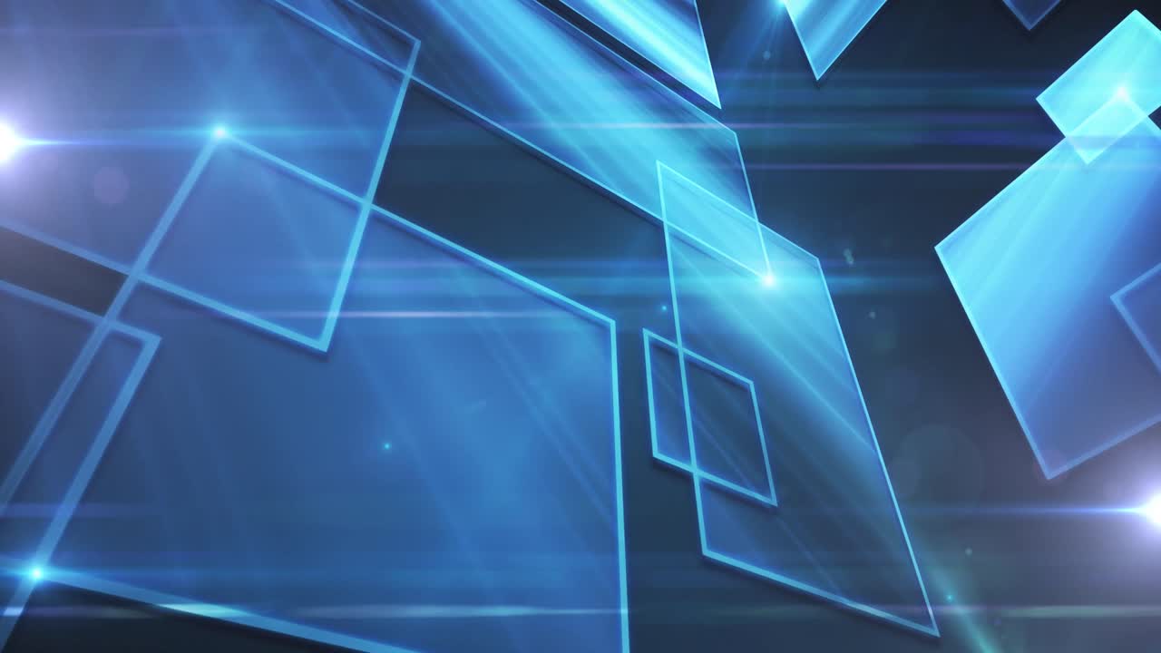 파란색으로 빛나는 사각형으로 연결된 디지털 네트워크의 애니메이션
