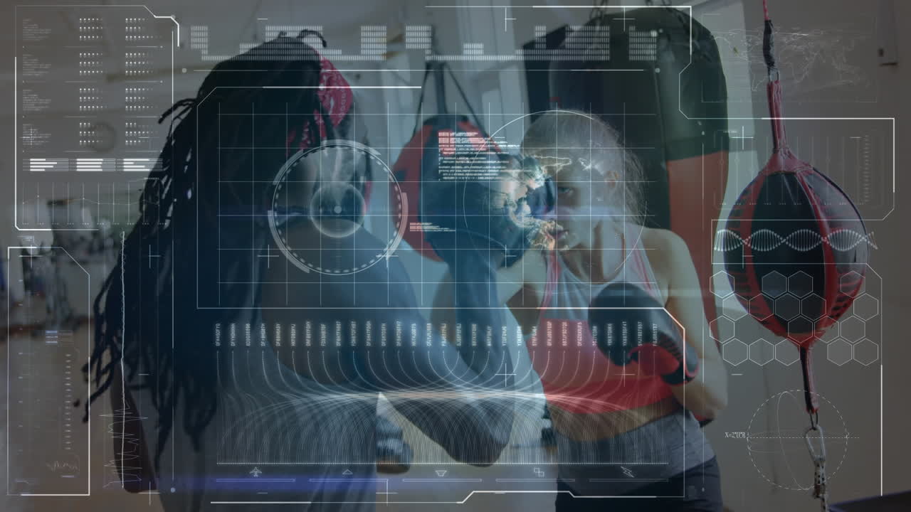 체육관에서 남성 코치와 함께 여성 권투에 대한 데이터 처리 애니메이션