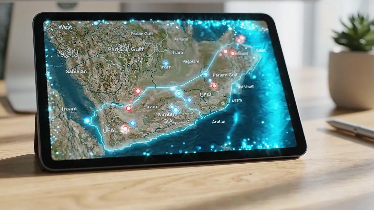 Detailed Digital Map Displayed on Tablet Device Highlighting Coastal Areas and Routes in the Gulf Region with Clear Outlines and Labels for Navigation
