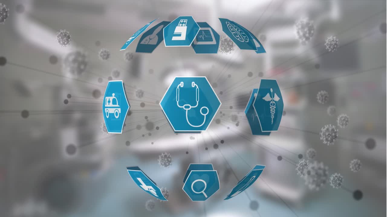 코로나19 세포에 맞서 회전하는 의료 아이콘의 세계