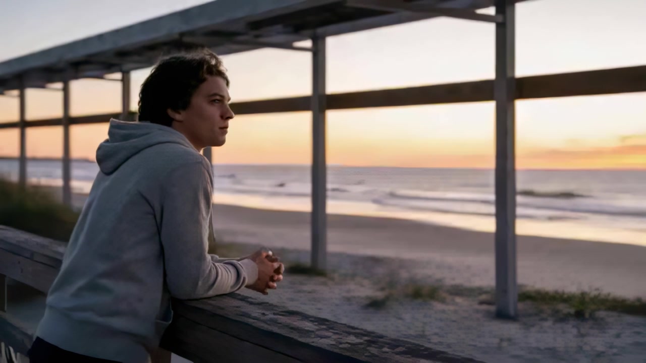 Leaning teen wearing hoodie watching ocean at pier with sun nearing horizon, railing, copy space