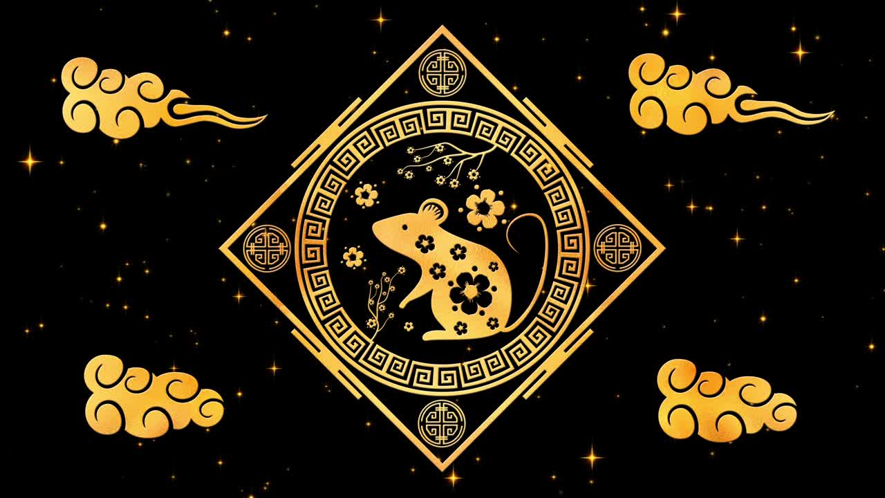fondo de oro año nuevo chino con oro y negro, rata, 3d rendering bucle 4k. mágico feliz año nuevo animación