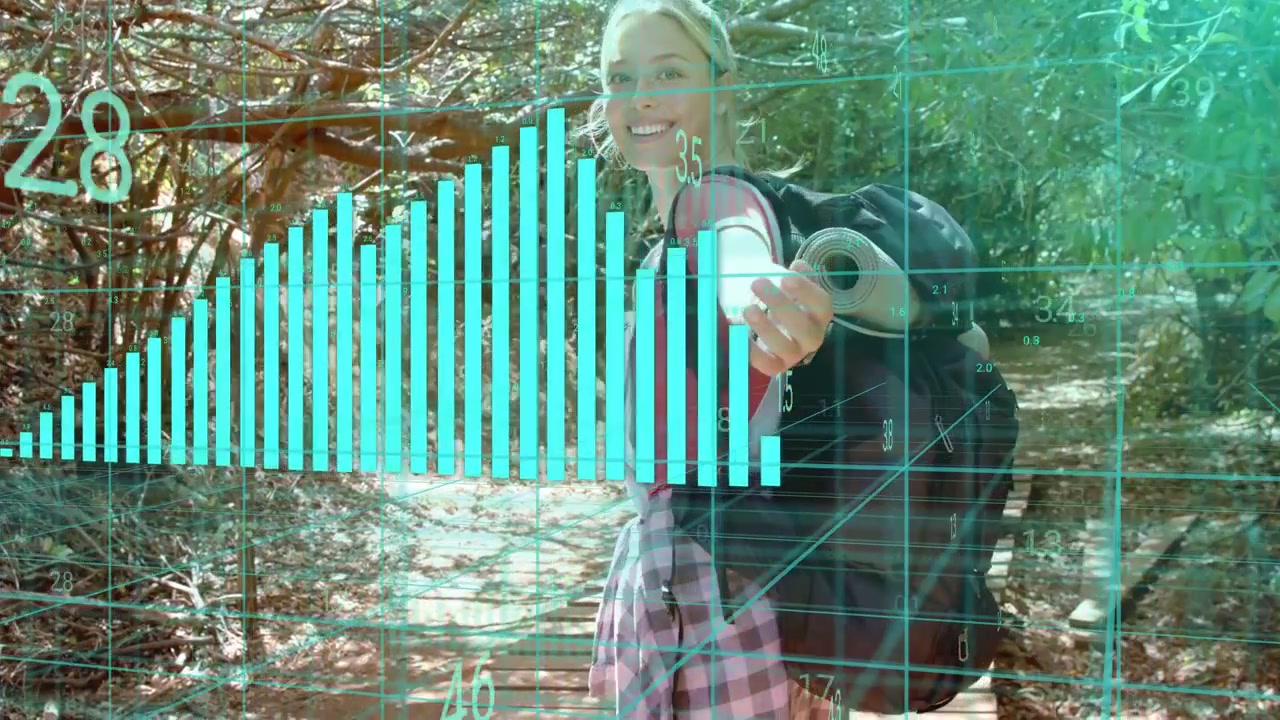 Female hiker seeing camera on trail turning and inviting you tech HUD bars animating over backpack
