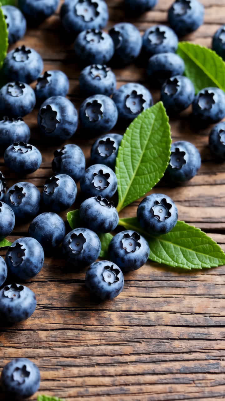 Fresh Blueberries with Green Leaves on Wooden Background