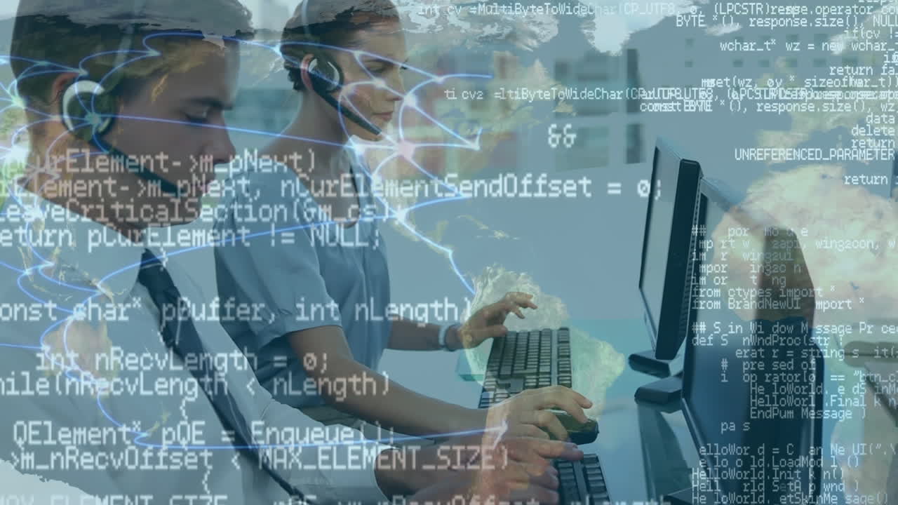 Animation of data processing over caucasian female and male consultants with computers