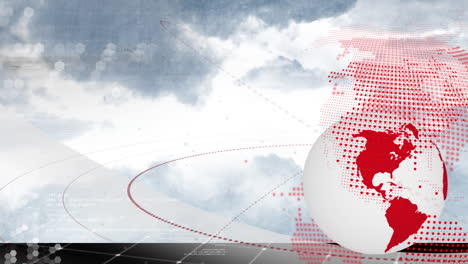 animation of red dotted globe and white sphere with digital lines in sky